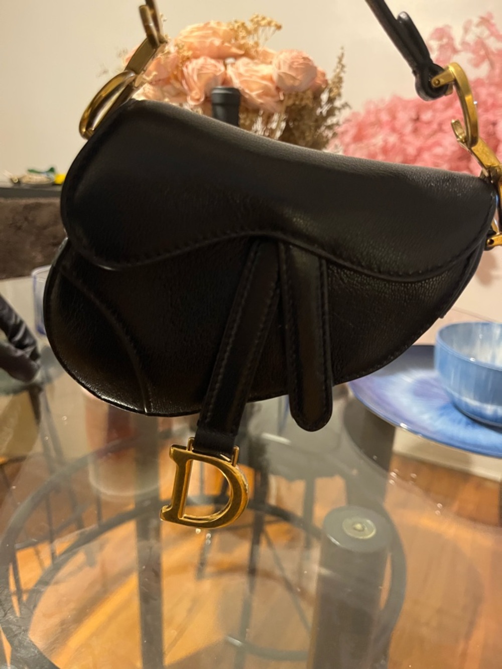 Dior Black Saddle Crossbody Bag with Gold 'D' Charm